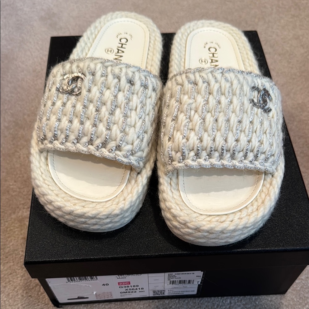Chanel Cream/Silver Slide Sandals Size 40 New